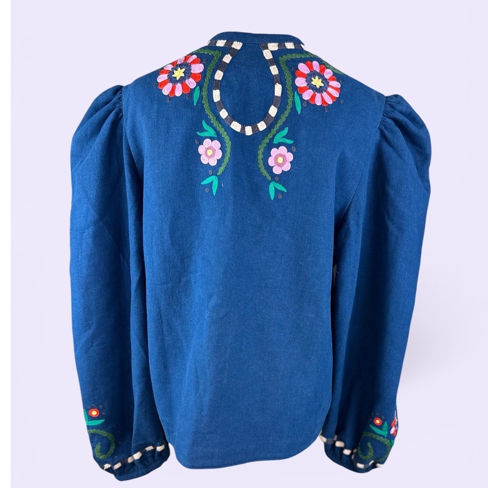 Alix of Bohemia Cabana Jacket Size Large Blue Floral Embroidered Linen Tie Front - Picture 5 of 12